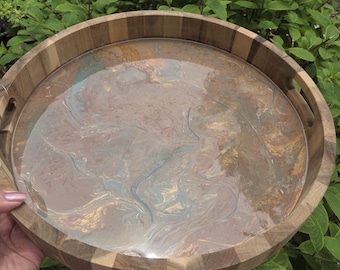 Round Wooden Tray, Marble Resin wood tray, 15" Coffee Table Decor