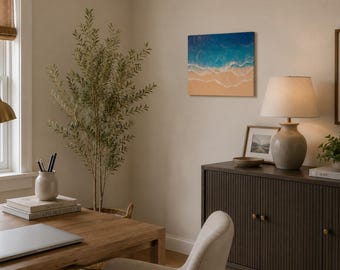 Ocean Resin Art 15x12", Coastal Wall Artwork, Beach Wood Canvas