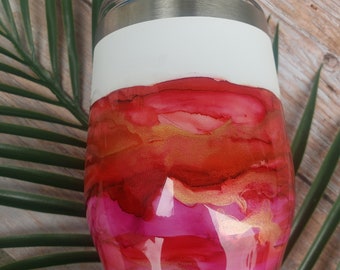 Red Gold Wine Tumbler, 12oz Watercolor Tumbler with lid