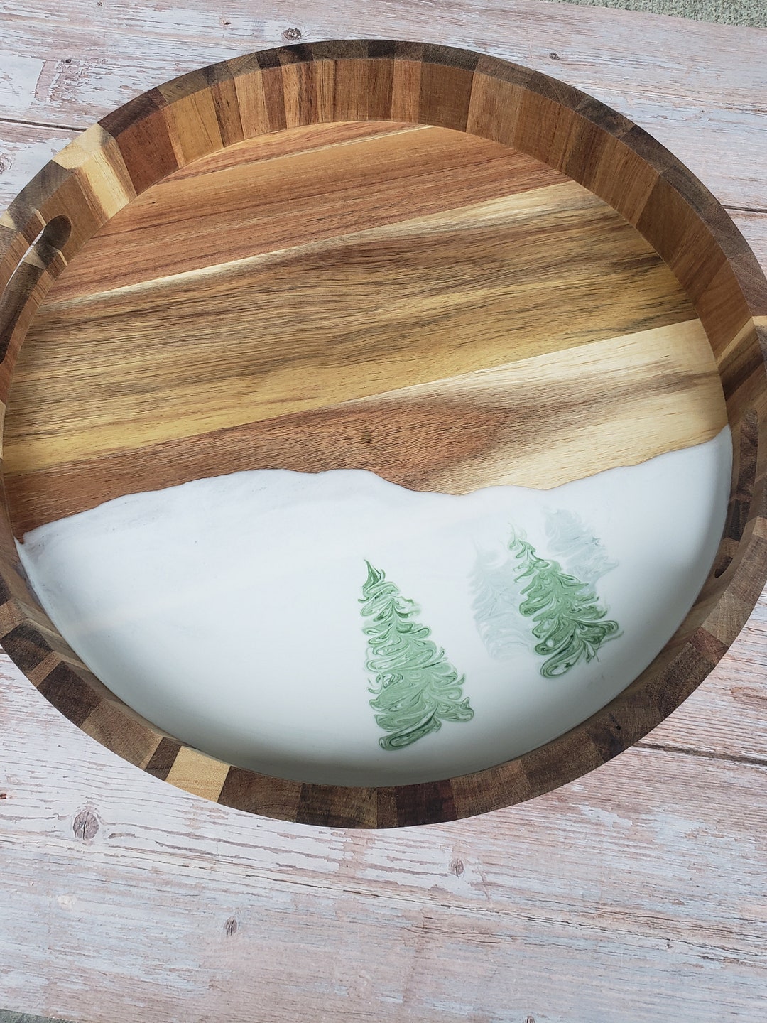 Round Tray, Wooden Coffee Table Tray, Large Snowy Winter Decor