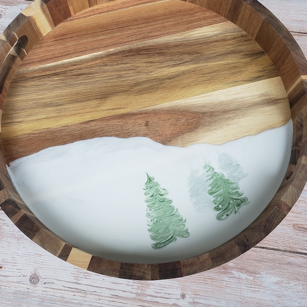 Round Pinetree Tray, Wooden Coffee Table Tray, Large Snowy Winter Decor