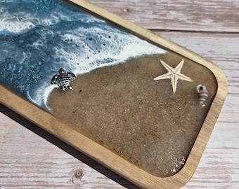 Small Wooden Turtle Ocean tray,  Decorative wood tray, Beach Trinket Tray