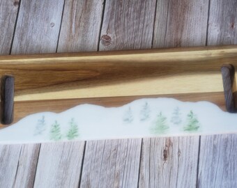 Snowy Pine Tree Board, Double Handled Wooden Pinetree Serving Tray, 20x7 Winter Decor