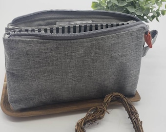 Gray striped essential oil bag, oil travel case, zippered oil holder wristlet clutch, toiletry case,