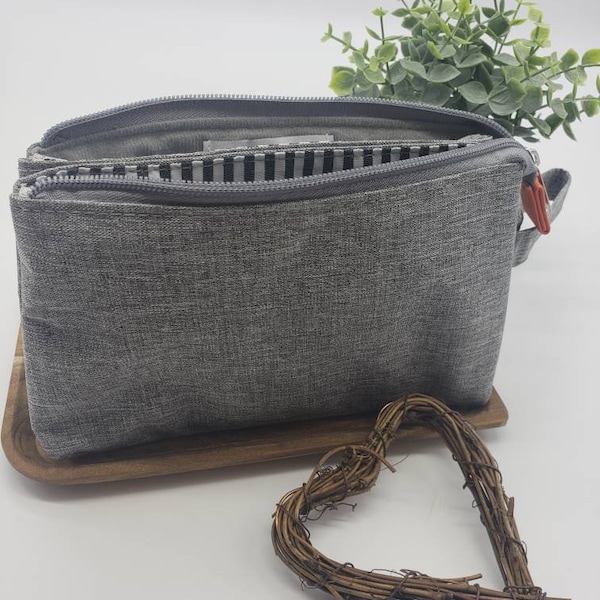 Gray striped essential oil bag, oil travel case, zippered oil holder wristlet clutch, toiletry case,