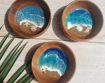 Ocean Catch All Tray, 5" Beachscape, Small Wooden Jewelry Dish, Seascape decor