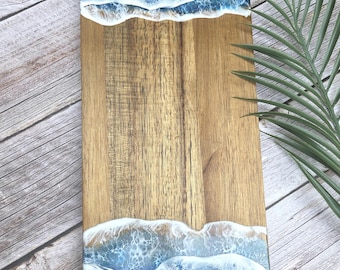 Double Handle Serving Board. 20x7 Large Ocean Waves Tray, Wooden Decorative Tray