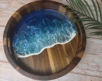 Wooden Ocean Tray, 11" Round Decorative Wood Tray, Nautical Decor