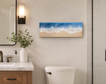 Ocean Resin Art 18x6", Coastal Wall Artwork, Beach Wood Canvas