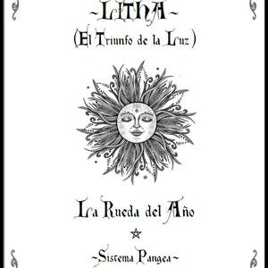 Puede incluir: Ilustración en blanco y negro con el texto "Litha (El Triunfo de la Luz)" y "La Rueda del Año". La imagen presenta un sol con rostro rodeado de rayos estilizados. Elementos decorativos en las esquinas enmarcan el diseño.