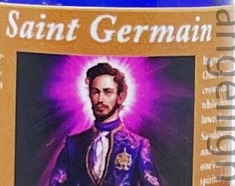 May include: A bottle with a blue label that says "Saint Germain" and features a portrait of a man in a purple and gold suit holding a glowing orb. The background is a purple and white gradient.
