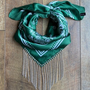 Green Satin Paisely Print Bandana With Real Rhinestone Fringe