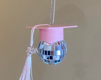 Light Pink Graduation Cap Disco Ball | Grad Hat Mirrorball | Disco Ball Car Accessory | Rearview Mirror | Hanging Ornament