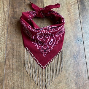 Burgundy Cotton Paisely Print Bandana With Real Rhinestone Fringe