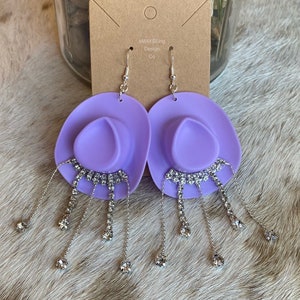 Lavender Rhinestone Cowboy Hat Earrings, White Cowgirl Hat Earrings, Western Earrings, Nashville Earrings, Purple Earrings