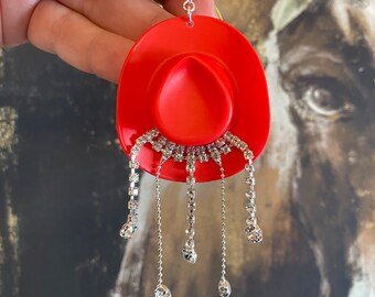 Red Rhinestone Cowboy Hat Earrings, Cowgirl Hat Earrings