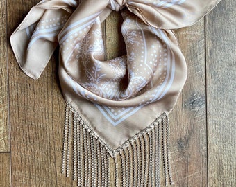 Champange Satin Paisely Print Bandana With Real Rhinestone Fringe