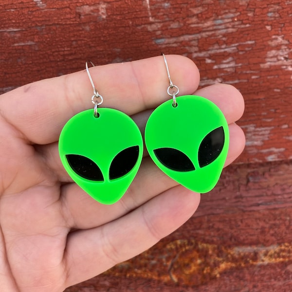 Green Alien Head Earrings | Outer Space Earrings | Novelty Earrings | Unique Earrings | Fun Earrings | Dangle Earrings