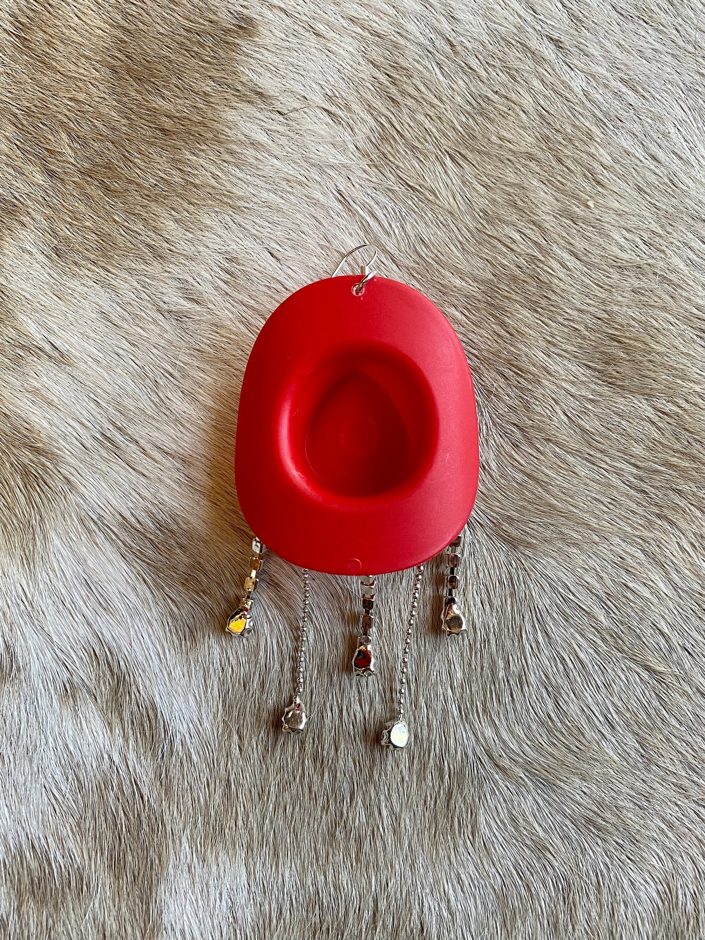 Red Rhinestone Cowboy Hat Earrings, Cowgirl Hat Earrings