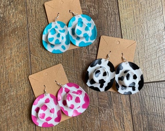 Handmade Mini Cow Print Cowboy Hat Earrings: Unique, Novelty, Dangle