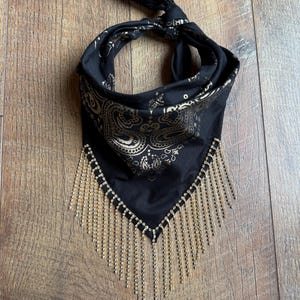 Black Cotton Bandana With Gold Paisley Print & Rhinestone Fringe