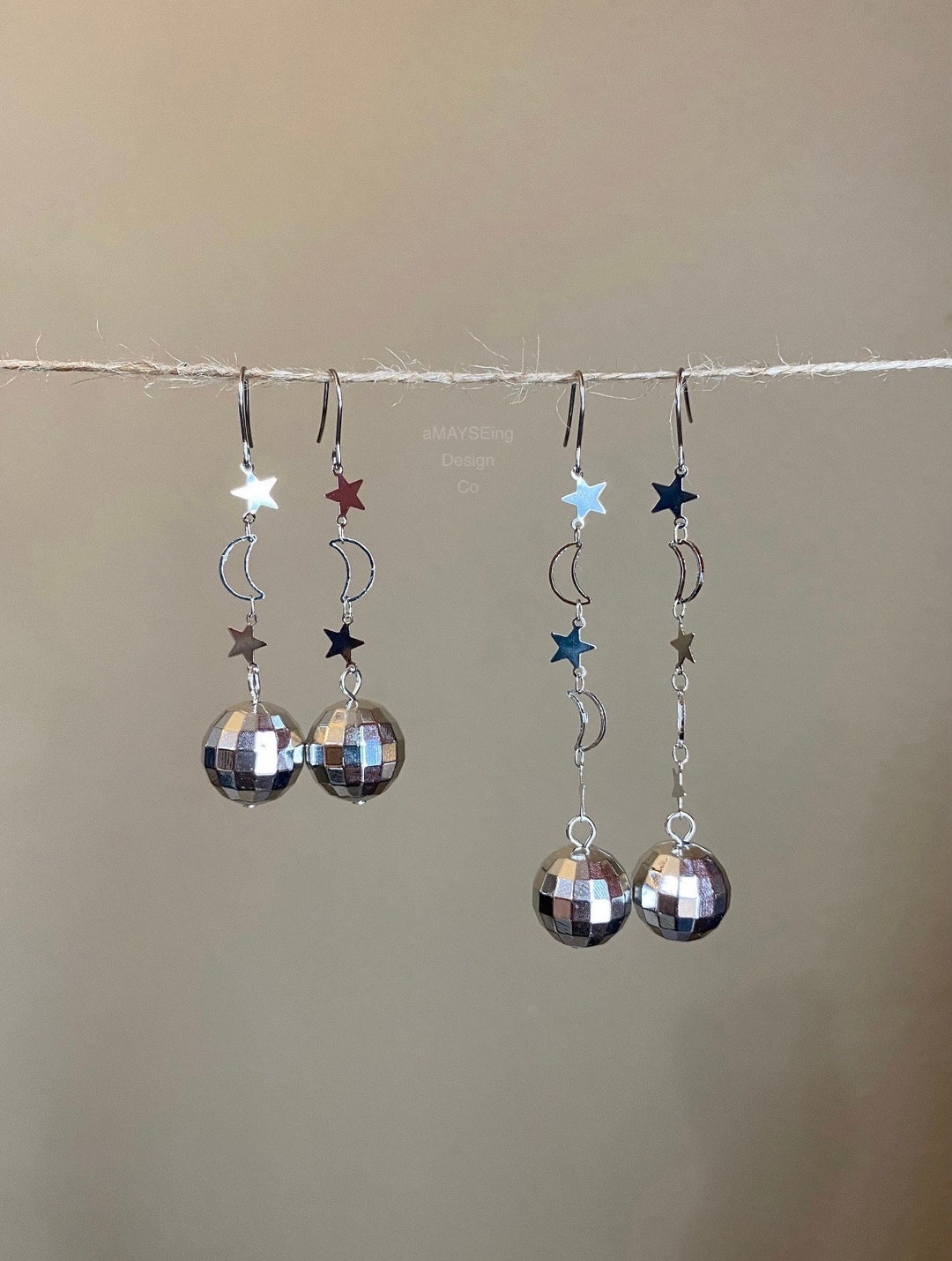 Mirrorball Moon and Stars Earrings, Disco Ball Earrings, Mirror Ball