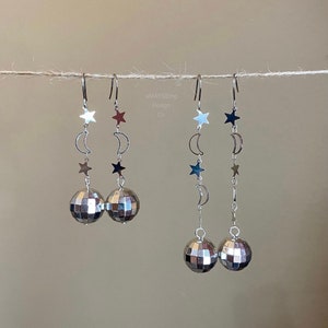 Mirrorball Moon and Stars Earrings | Disco Ball Earrings | Mirror Ball Earrings | Discoball Earrings | Retro Earrings | Unique Earrings