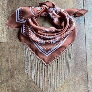 Light Brown Satin Bandana with REAL Rhinestone Fringe, Cowgirl, Western, Bling