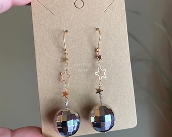 Mirrorball Disco Ball & Gold Stars Unique Novelty Dangle Earrings
