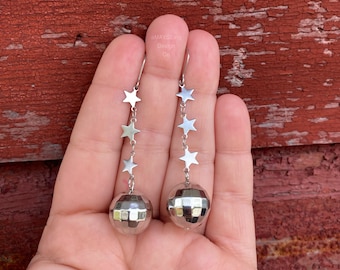 Mirrorball Disco Ball & Stars Mirror Ball Unique Novelty Dangle Earrings