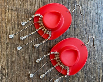 上品なブランド Cowboy Rhinestone Red Hat Earrings Hat Cowgirl Earrings, 小物