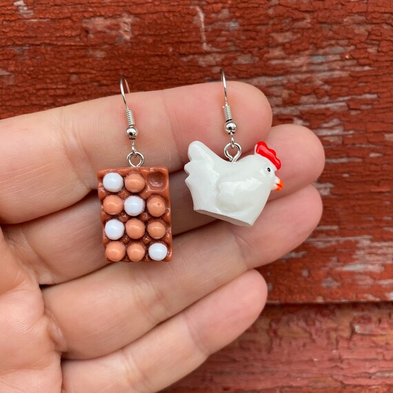 Mismatched Chicken and Eggs Farmer Unique Novelty Dangle Earrings
