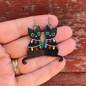 Cats Wrapped In Lights Christmas Holiday Unqiue Novelty Dangle Earrings