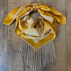 Golden Yellow Satin Bandana with REAL Rhinestone Fringe, Cowgirl, Western, Bling