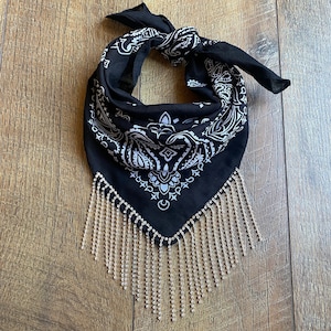 Black Cotton Paisely Print Bandana With Real Rhinestone Fringe