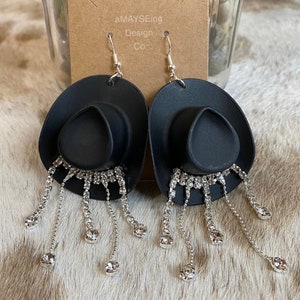 Black Rhinestone Cowboy Hat Earrings, Cowgirl Hat Earrings, Western Earrings, Nashville Earrings, Bridesmaid Earrings