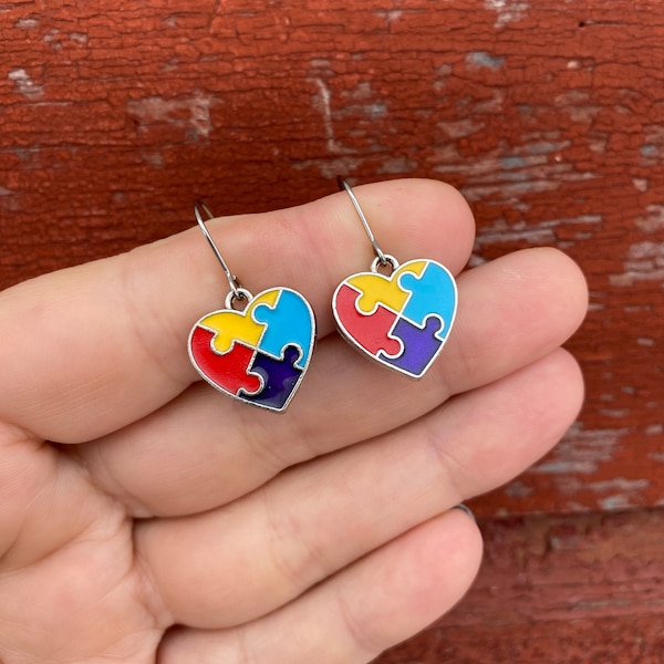 Heart Puzzle Piece Earrings | Autism Awareness Earrings | Novelty Earrings | Unique Earrings | Fun Earrings | Dangle Earrings