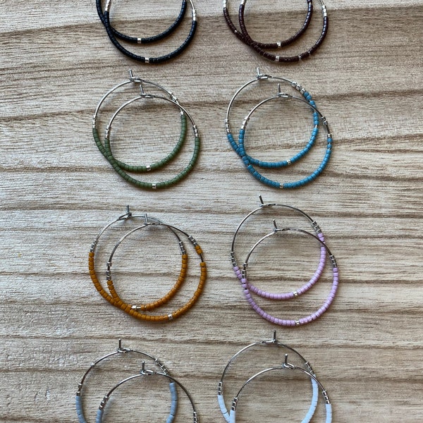 Silver Seed Bead Hoop Earrings, Small Hoop Earrings, Beaded Hoop Earrings, Silver Hoop Earrings, Seed Bead Earrings