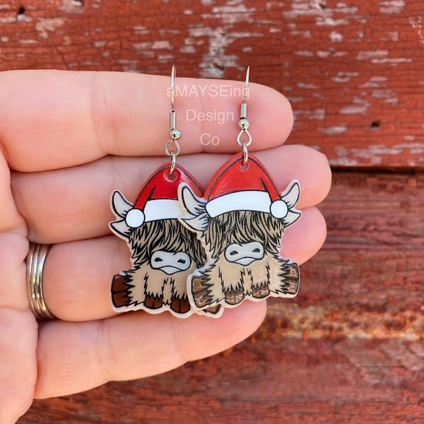 Santa Highland Cow Christmas Holiday Western Unique Novelty Dangle Earrings