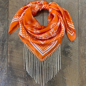 Orange Satin Bandana with REAL Rhinestone Fringe, Cowgirl, Western, Bling