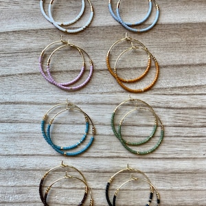 Gold Seed Bead Beaded Hoop Earrings: Native, Boho, Western
