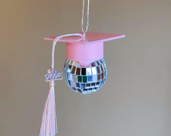 Customizable Light Pink Graduation Cap Disco Ball | Grad Hat Mirrorball | Disco Ball Car Accessory | Rearview Mirror | Hanging Ornament