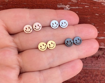 Smiley Face Stainless Steel Stud Earrings With Butterfly Backs