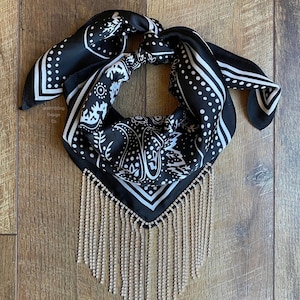 Black Satin Bandana with REAL Rhinestone Fringe, Cowgirl, Western, Bling