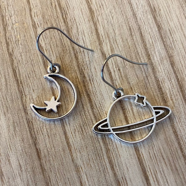 Mismatched Moon and Saturn Celestial Unique Novelty Dangle Earrings