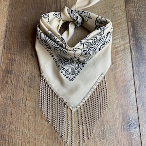 Cream Cotton Bandana with REAL Rhinestone Fringe, Cowgirl, Western, Bling