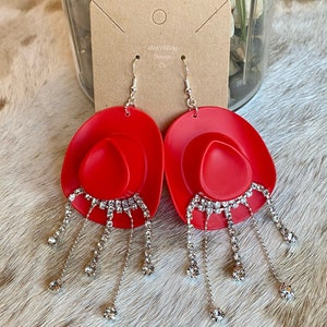Red Cowboy Hats With Rhinestone Fringe Earrings