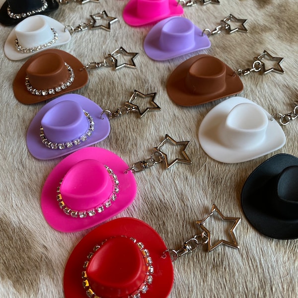 Mini Cowboy Hat Key Chain, Star Cowgirl Key Ring, Western, Rhinestone, Cowgirl, Car Accessories, Keyring, Keychain, Clip