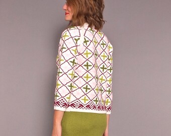 1960s Vintage Hand Embroidered Folkloric Mod Floral Sweater S M