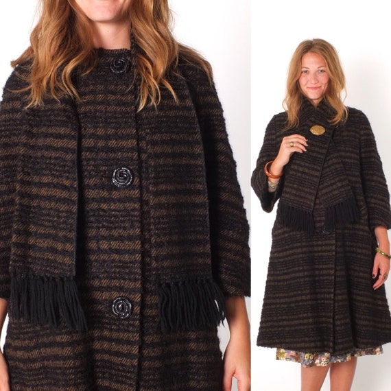 1950s Vintage Black and Brown Bouclé Stripes Woven